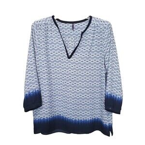 NYDJ Blue Geo Print Split Neck 3/4 Sleeve Tunic Size XL